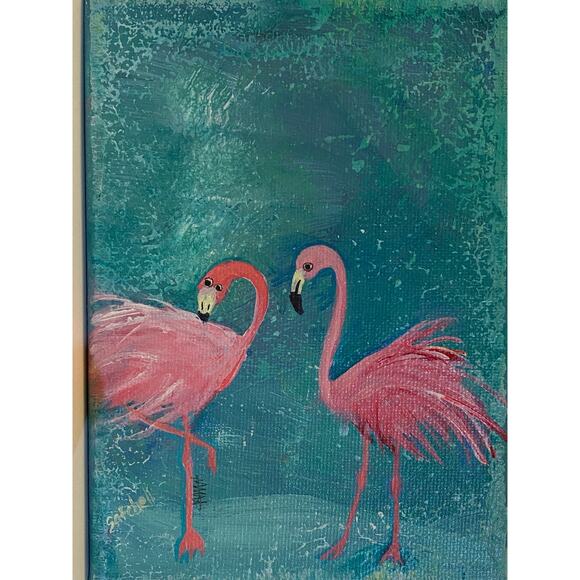 Original small painting flamingo pair signed acrylic handpainted 5x7x1/2 in gift - Picture 1 of 5